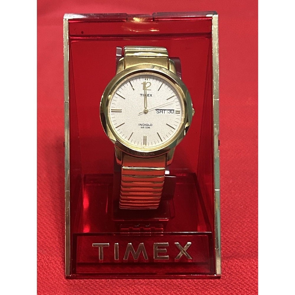 Timex Mens Indiglo Gold/White Face Day/Date Watch WR30M Stainless With Box